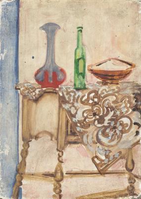 [Figure study / still life with vase and bottle]