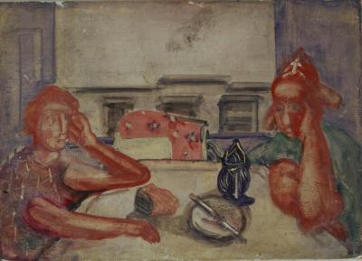 [Interior with woman seated at table]