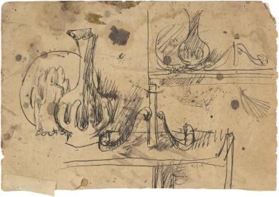 [Still life with plate, statue, vase, candlestick] Gyral Sketch Book 2, page 56 (loose)