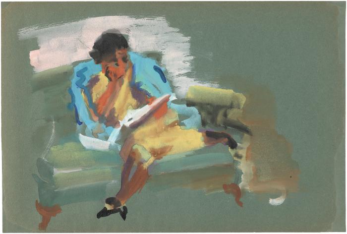 [Woman on green sofa reading]