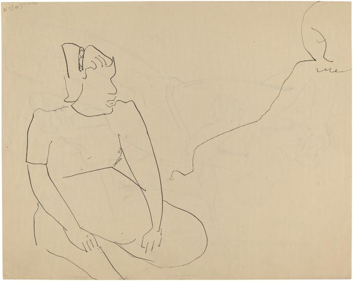 [Seated woman and partial figure]