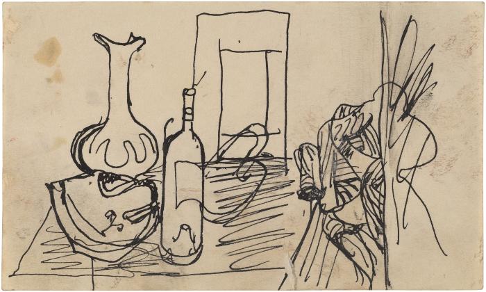 [Still life with vase and bottle]