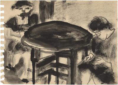 [Two women seated at table]