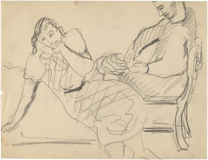 [Seated woman and man]