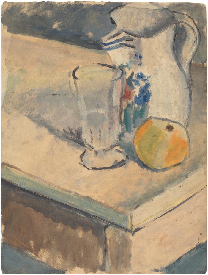 [Still life with pitcher, glass, and orange]