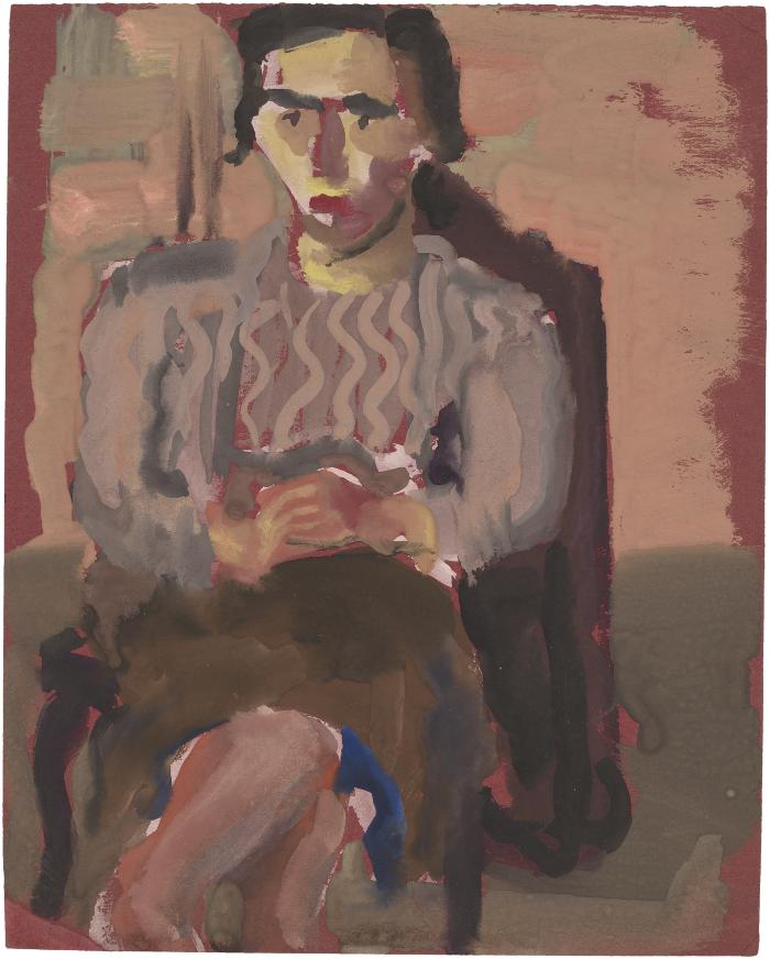 [Seated woman in striped blouse]