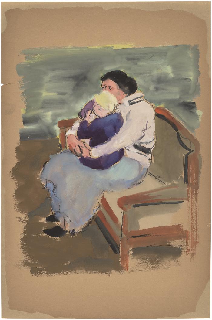 [Woman and child on sofa]