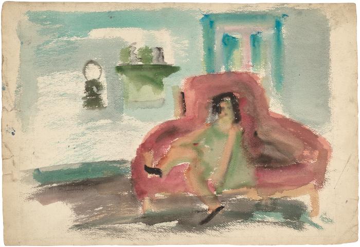 [Girl on red sofa]