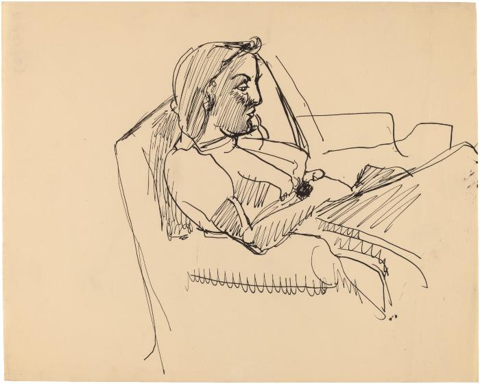 [Woman in armchair reading]