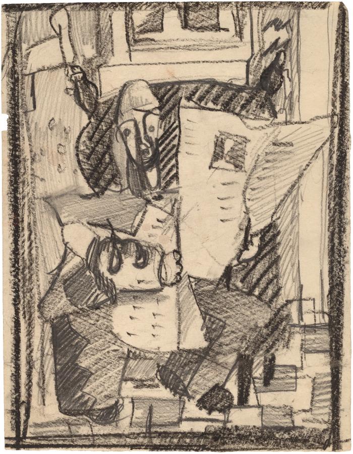 [Seated figure with newspaper]