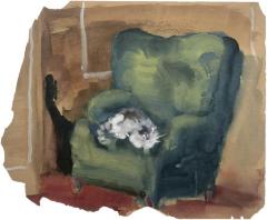 [White cat in green armchair]