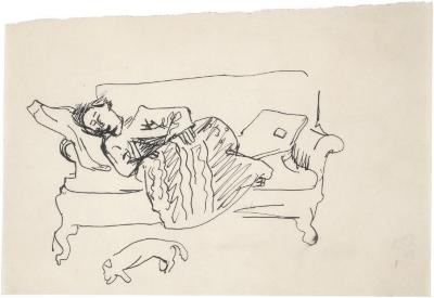 [Sleeping woman on sofa with sleeping dog]