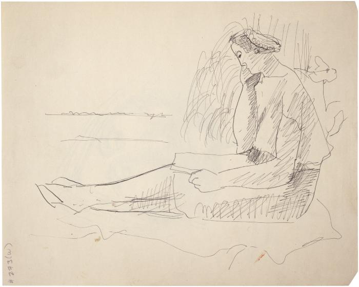 [Seated woman reading in outdoor setting]