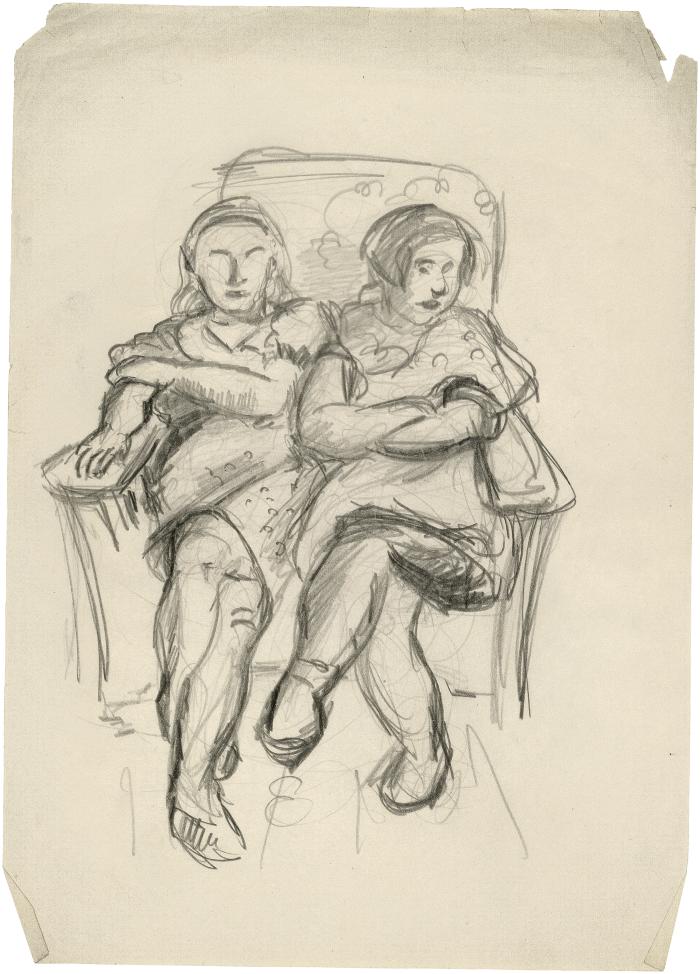 [Two girls in armchair]