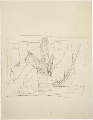 [Statue and plant by window]
