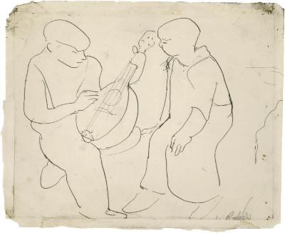 [Two seated boys, one with mandolin]
