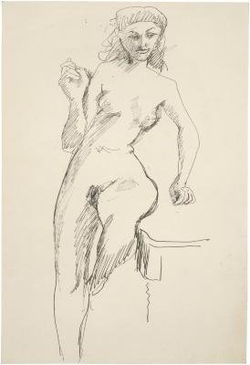 [Standing female nude leaning on table]