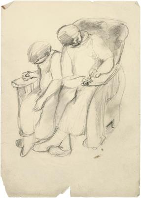 [Two boys in armchair]