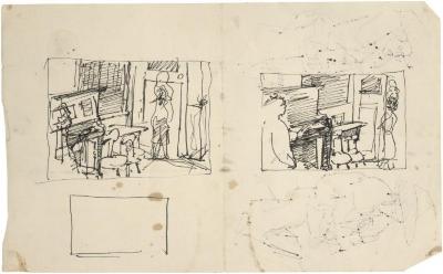 [Interior with figures and piano, two studies]