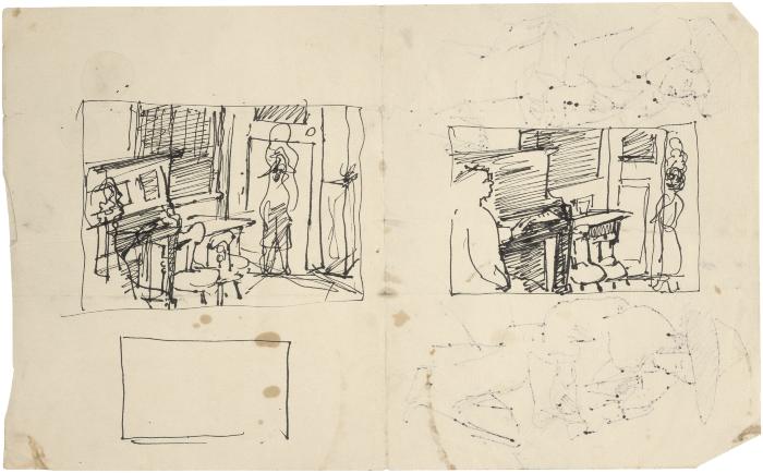 [Interior with figures and piano, two studies]