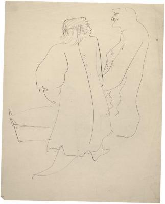 [Woman and seated man]