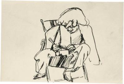 [Seated woman working with handheld tool]