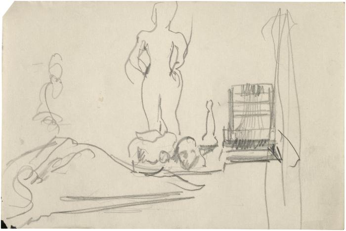 [Standing female nude with objects on table]