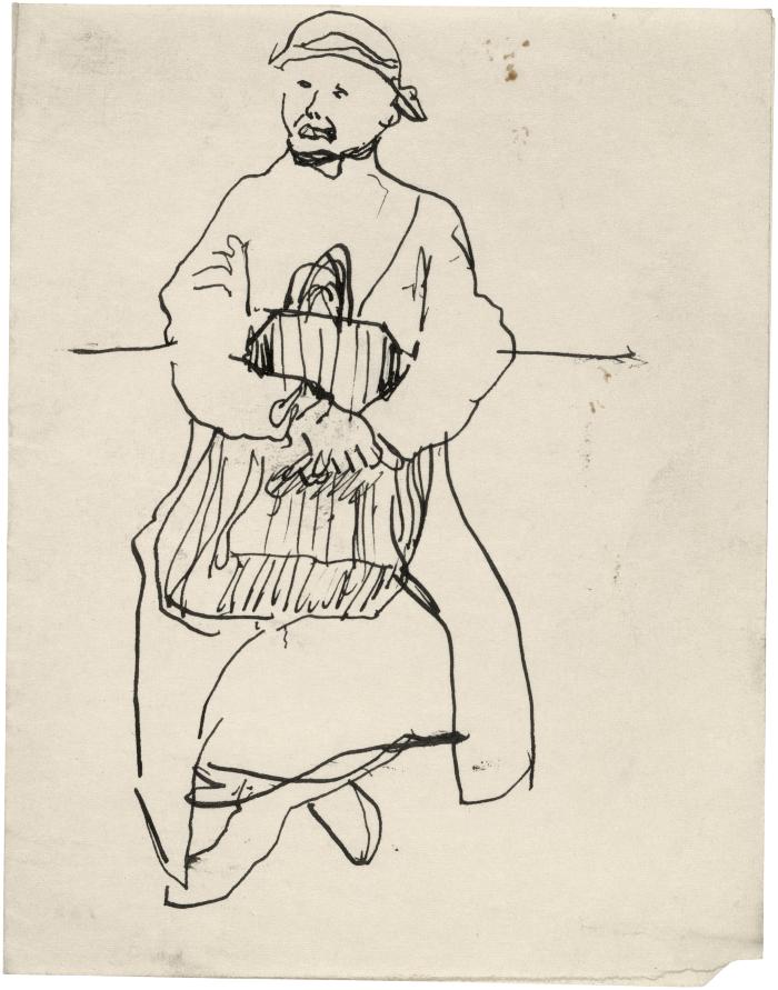 [Seated woman holding bag]