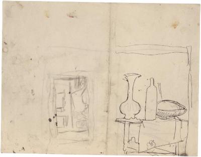 [Still life with vase and bottle / standing nude in doorway]