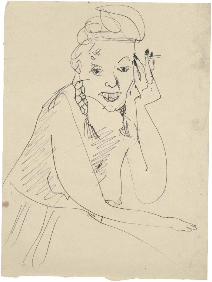 [Seated woman with braids smoking a cigarette]