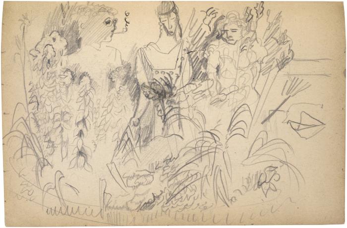 [Man and two women in a garden] The Scribble-In Book, page 61
