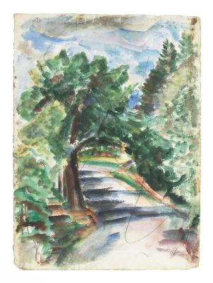 [Tree-lined road]